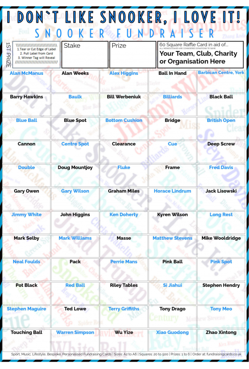 5 x A4 `I Don't Like Snooker, I Love It` Fundraising Raffle Ticket / Draw Cards / Scratchcards