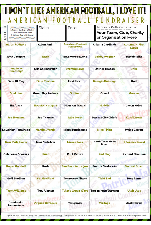 5 x A4 `I Don't Like American Football, I Love It` Fundraising Raffle Ticket / Draw Cards / Scratchcards