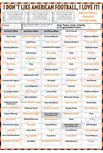 5 x A4 `I Don't Like American Football, I Love It` Fundraising Raffle Ticket / Draw Cards / Scratchcards