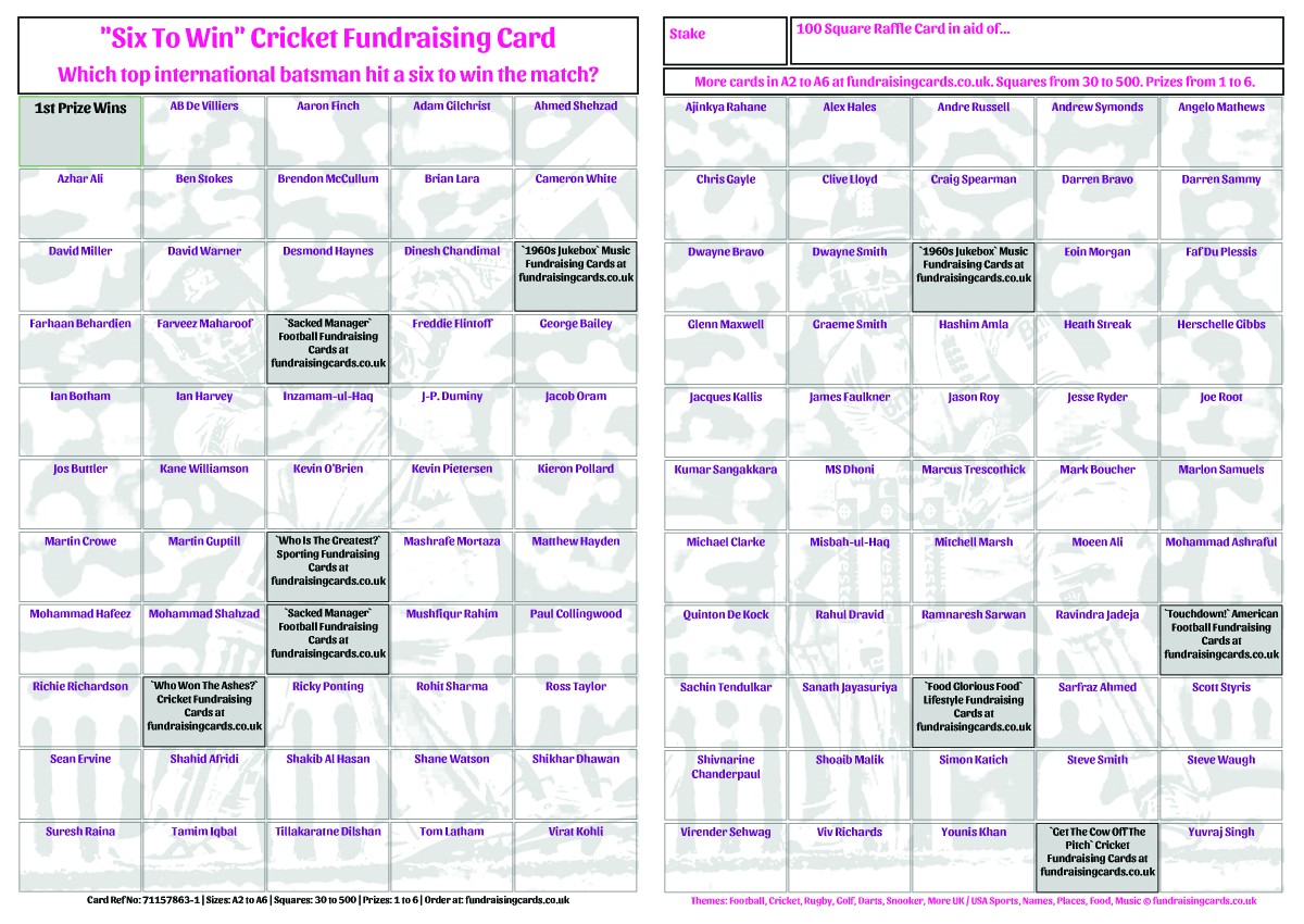 10 x A3 `Six To Win` Cricket Fundraising Raffle Ticket / Draw Cards / Scratchcards