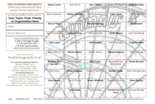A5 `One Hundred and Eighty` Darts Fundraising Scratch Cards / Raffle Tickets / Draw Cards