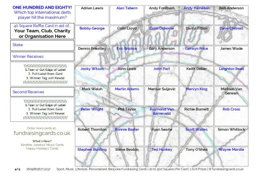 A5 `One Hundred and Eighty` Darts Fundraising Scratch Cards / Raffle Tickets / Draw Cards