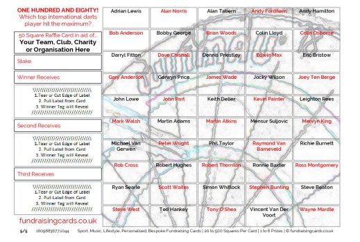 A5 `One Hundred and Eighty` Darts Fundraising Scratch Cards / Raffle Tickets / Draw Cards