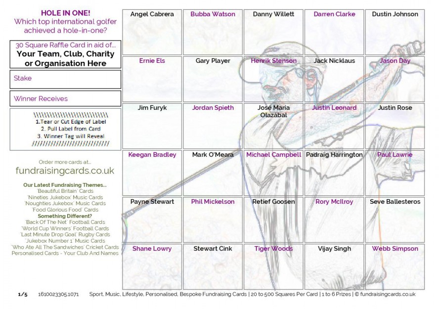 A5 `Hole-in-One` Golf Fundraising Raffle Ticket / Draw Cards / Scratchcards